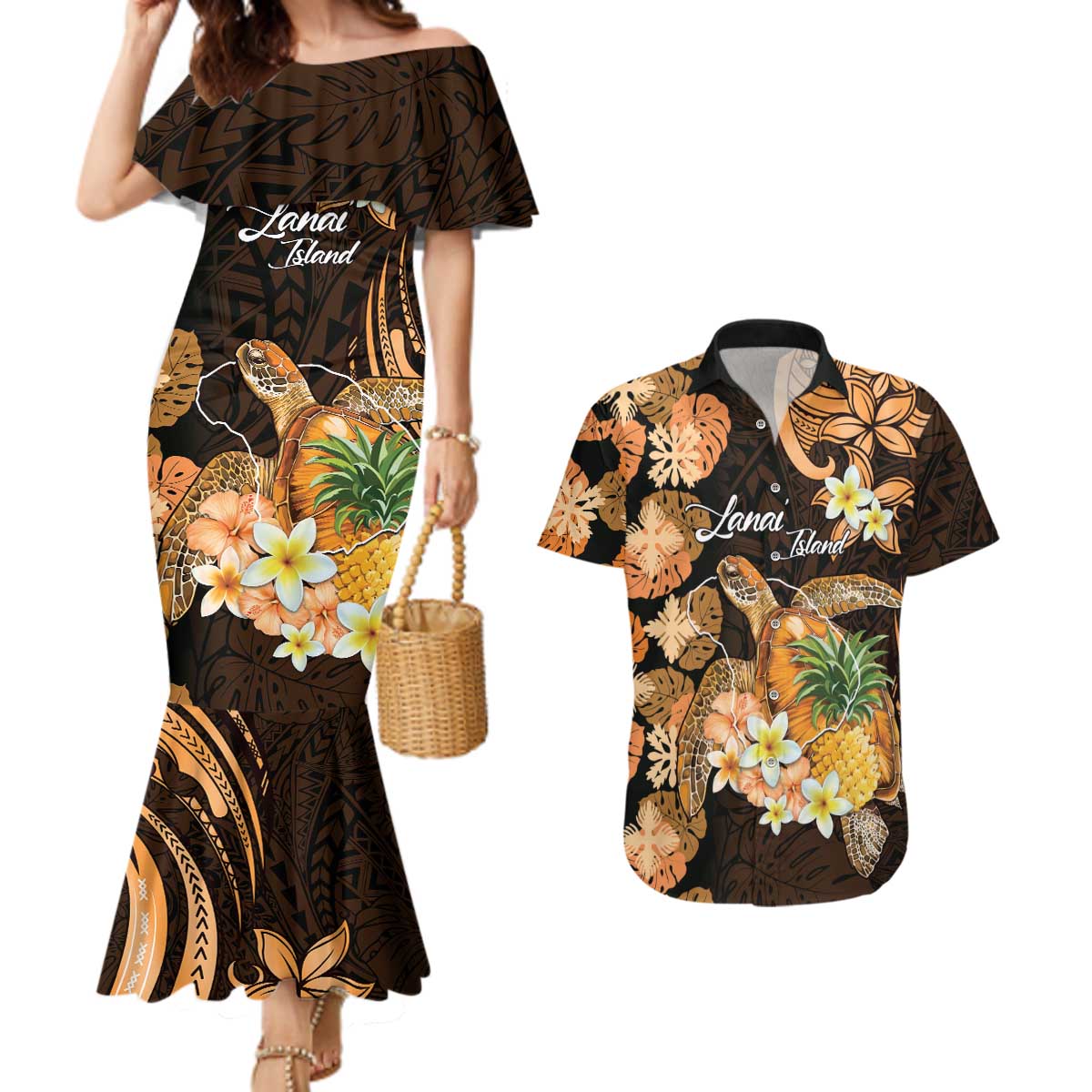 Personalised Aloha Hawaii Lanai Island Couples Matching Mermaid Dress and Hawaiian Shirt Pineapple Isle Map Sea Turtle Plumeria LT14 Orange - Polynesian Pride