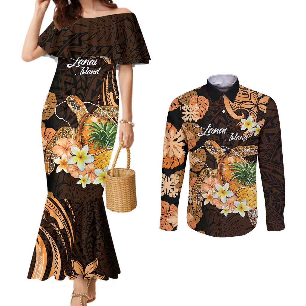 Personalised Aloha Hawaii Lanai Island Couples Matching Mermaid Dress and Long Sleeve Button Shirt Pineapple Isle Map Sea Turtle Plumeria LT14 Orange - Polynesian Pride