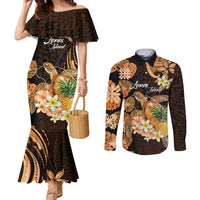 Personalised Aloha Hawaii Lanai Island Couples Matching Mermaid Dress and Long Sleeve Button Shirt Pineapple Isle Map Sea Turtle Plumeria LT14 Orange - Polynesian Pride