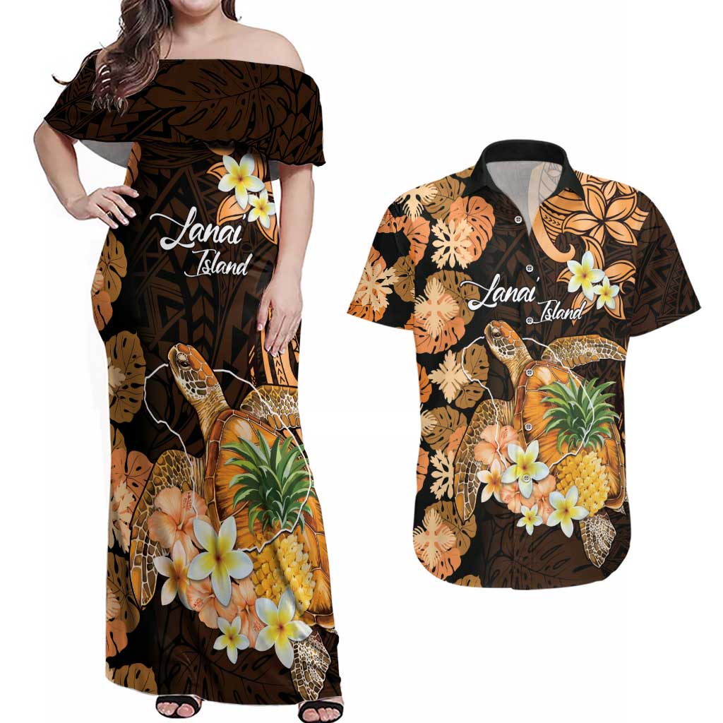 Personalised Aloha Hawaii Lanai Island Couples Matching Off Shoulder Maxi Dress and Hawaiian Shirt Pineapple Isle Map Sea Turtle Plumeria LT14 Orange - Polynesian Pride