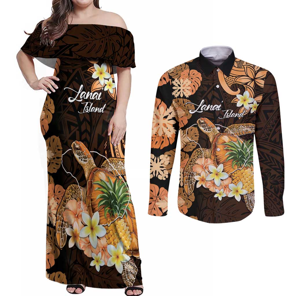 Personalised Aloha Hawaii Lanai Island Couples Matching Off Shoulder Maxi Dress and Long Sleeve Button Shirt Pineapple Isle Map Sea Turtle Plumeria LT14 Orange - Polynesian Pride