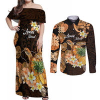 Personalised Aloha Hawaii Lanai Island Couples Matching Off Shoulder Maxi Dress and Long Sleeve Button Shirt Pineapple Isle Map Sea Turtle Plumeria LT14 Orange - Polynesian Pride
