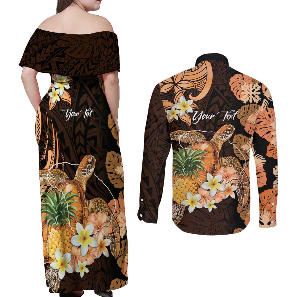Personalised Aloha Hawaii Lanai Island Couples Matching Off Shoulder Maxi Dress and Long Sleeve Button Shirt Pineapple Isle Map Sea Turtle Plumeria LT14 - Polynesian Pride