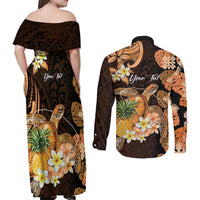 Personalised Aloha Hawaii Lanai Island Couples Matching Off Shoulder Maxi Dress and Long Sleeve Button Shirt Pineapple Isle Map Sea Turtle Plumeria LT14 - Polynesian Pride