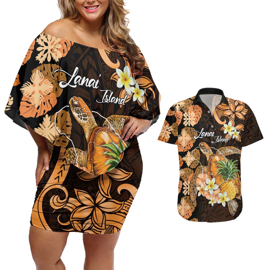 Personalised Aloha Hawaii Lanai Island Couples Matching Off Shoulder Short Dress and Hawaiian Shirt Pineapple Isle Map Sea Turtle Plumeria LT14 Orange - Polynesian Pride