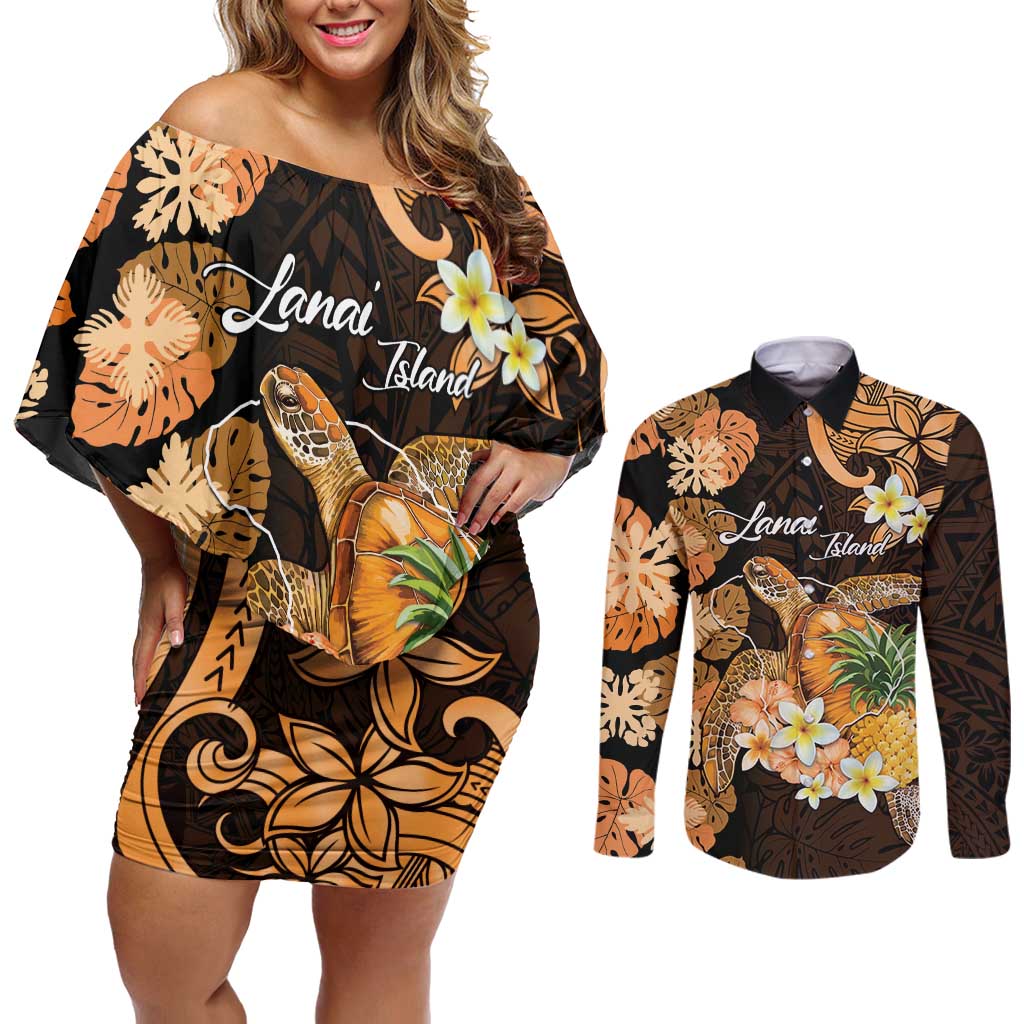 Personalised Aloha Hawaii Lanai Island Couples Matching Off Shoulder Short Dress and Long Sleeve Button Shirt Pineapple Isle Map Sea Turtle Plumeria LT14 Orange - Polynesian Pride
