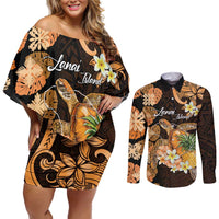 Personalised Aloha Hawaii Lanai Island Couples Matching Off Shoulder Short Dress and Long Sleeve Button Shirt Pineapple Isle Map Sea Turtle Plumeria LT14 Orange - Polynesian Pride