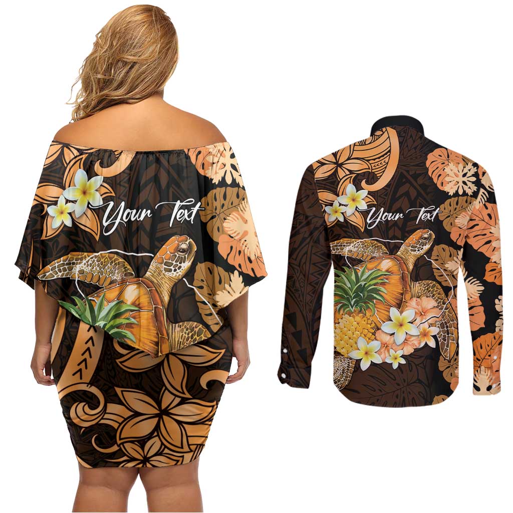 Personalised Aloha Hawaii Lanai Island Couples Matching Off Shoulder Short Dress and Long Sleeve Button Shirt Pineapple Isle Map Sea Turtle Plumeria LT14 - Polynesian Pride