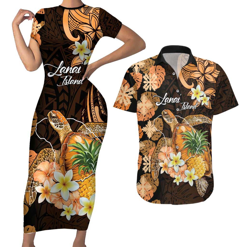 Personalised Aloha Hawaii Lanai Island Couples Matching Short Sleeve Bodycon Dress and Hawaiian Shirt Pineapple Isle Map Sea Turtle Plumeria LT14 Orange - Polynesian Pride