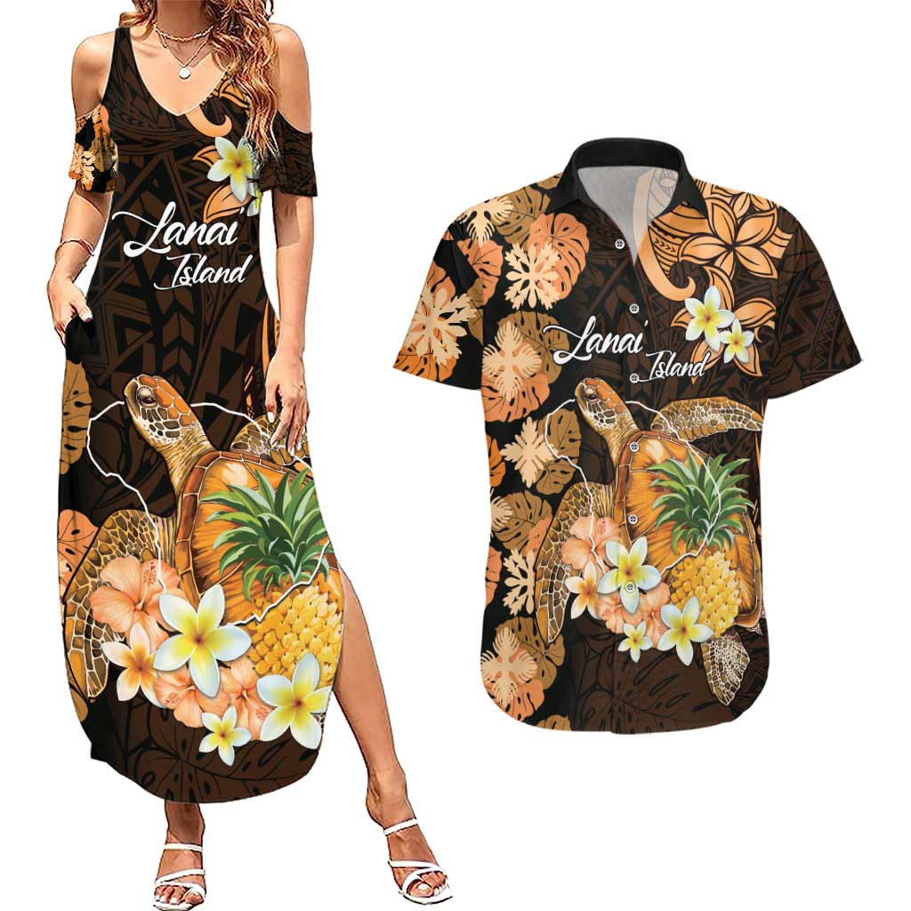 Personalised Aloha Hawaii Lanai Island Couples Matching Summer Maxi Dress and Hawaiian Shirt Pineapple Isle Map Sea Turtle Plumeria LT14 Orange - Polynesian Pride
