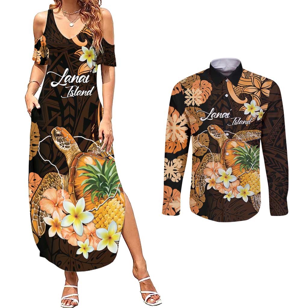 Personalised Aloha Hawaii Lanai Island Couples Matching Summer Maxi Dress and Long Sleeve Button Shirt Pineapple Isle Map Sea Turtle Plumeria LT14 Orange - Polynesian Pride
