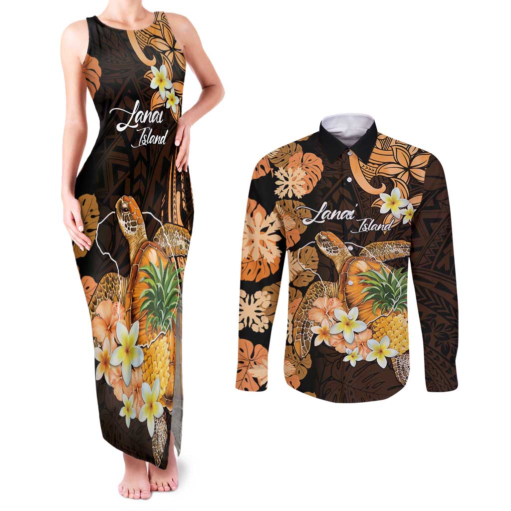 Personalised Aloha Hawaii Lanai Island Couples Matching Tank Maxi Dress and Long Sleeve Button Shirt Pineapple Isle Map Sea Turtle Plumeria LT14 Orange - Polynesian Pride
