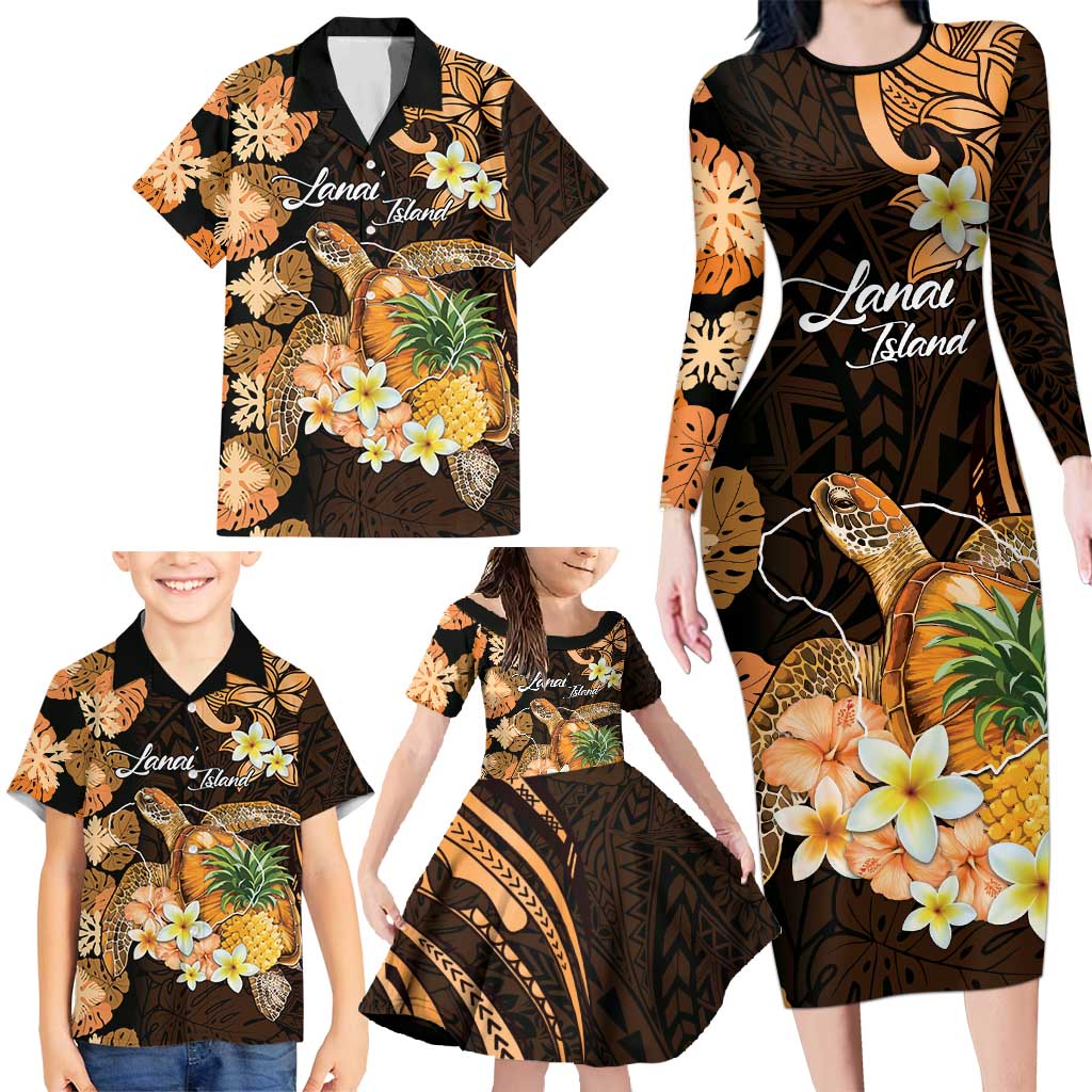 Personalised Aloha Hawaii Lanai Island Family Matching Long Sleeve Bodycon Dress and Hawaiian Shirt Pineapple Isle Map Sea Turtle Plumeria