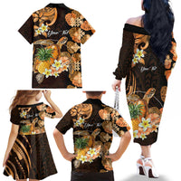 Personalised Aloha Hawaii Lanai Island Family Matching Off The Shoulder Long Sleeve Dress and Hawaiian Shirt Pineapple Isle Map Sea Turtle Plumeria