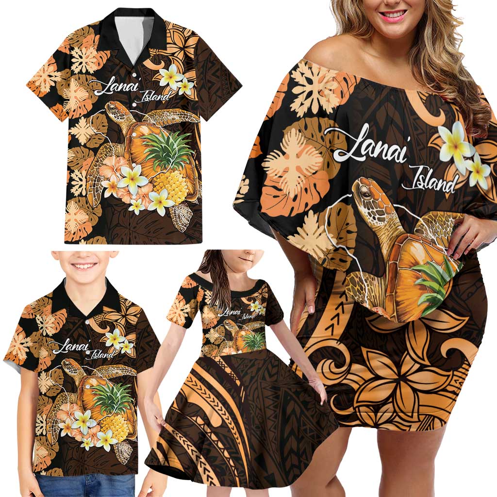 Personalised Aloha Hawaii Lanai Island Family Matching Off Shoulder Short Dress and Hawaiian Shirt Pineapple Isle Map Sea Turtle Plumeria