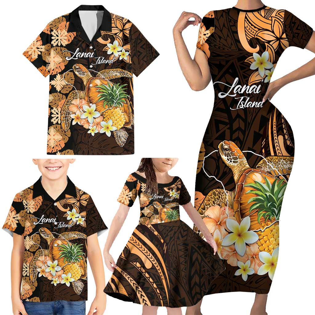 Personalised Aloha Hawaii Lanai Island Family Matching Short Sleeve Bodycon Dress and Hawaiian Shirt Pineapple Isle Map Sea Turtle Plumeria