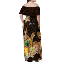 Personalised Aloha Hawaii Lanai Island Off Shoulder Maxi Dress Pineapple Isle Map Sea Turtle Plumeria LT14 - Polynesian Pride