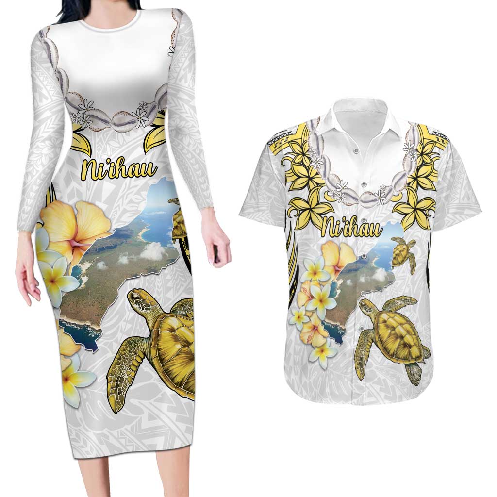 Personalised Aloha Hawaii Niihau Island Couples Matching Long Sleeve Bodycon Dress and Hawaiian Shirt Forbidden Isle Map Shell Lei LT14 Yellow - Polynesian Pride