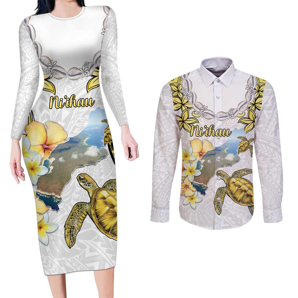 Personalised Aloha Hawaii Niihau Island Couples Matching Long Sleeve Bodycon Dress and Long Sleeve Button Shirt Forbidden Isle Map Shell Lei LT14 Yellow - Polynesian Pride