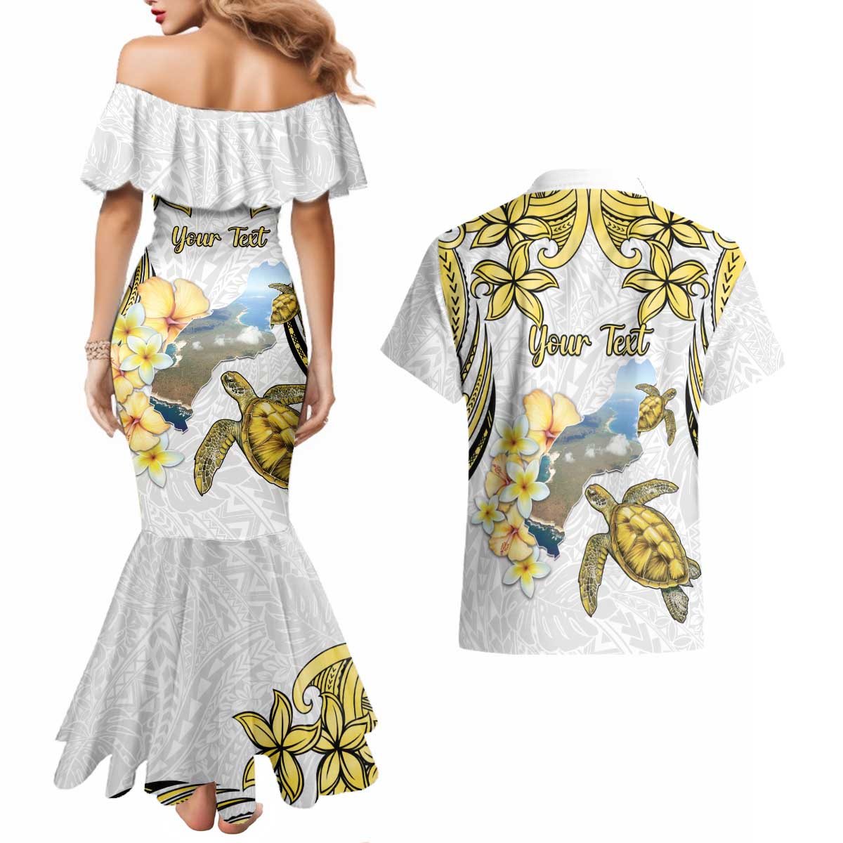 Personalised Aloha Hawaii Niihau Island Couples Matching Mermaid Dress and Hawaiian Shirt Forbidden Isle Map Shell Lei LT14 - Polynesian Pride