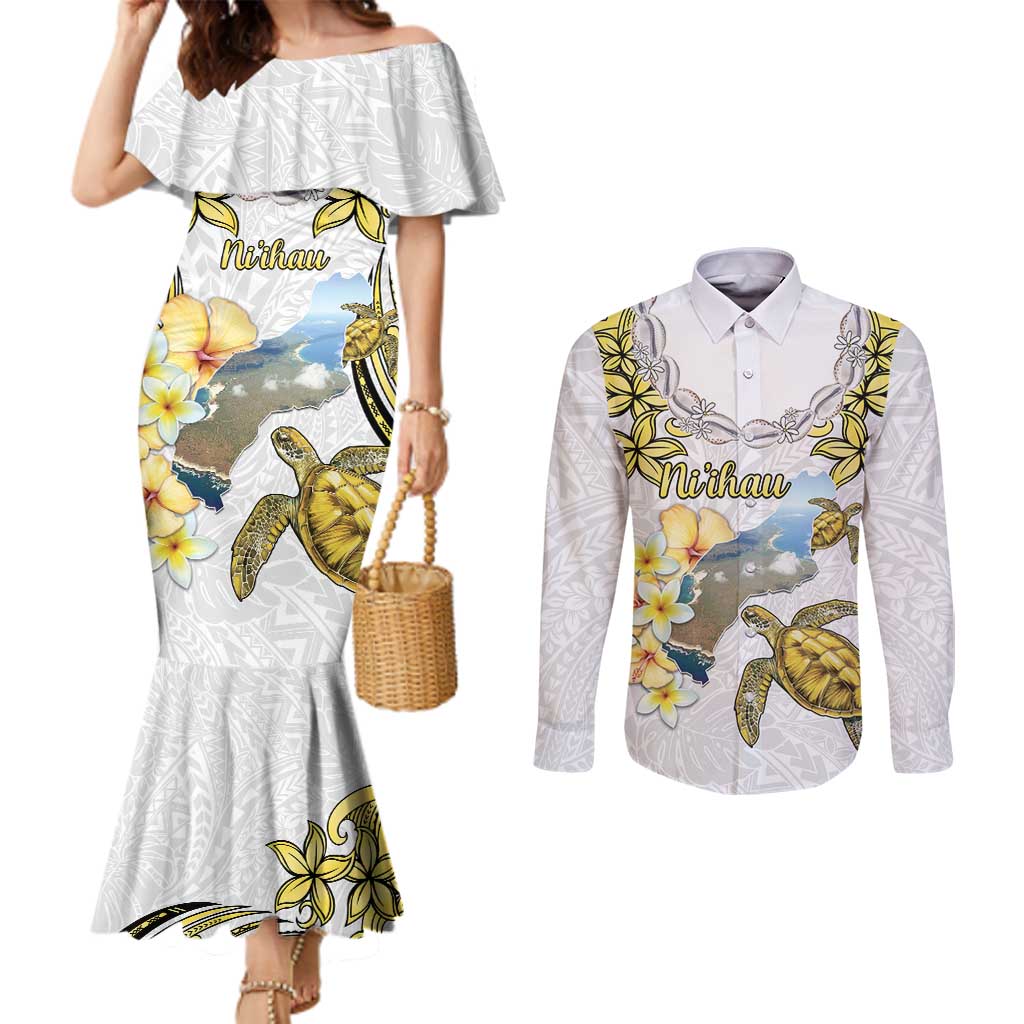Personalised Aloha Hawaii Niihau Island Couples Matching Mermaid Dress and Long Sleeve Button Shirt Forbidden Isle Map Shell Lei LT14 Yellow - Polynesian Pride