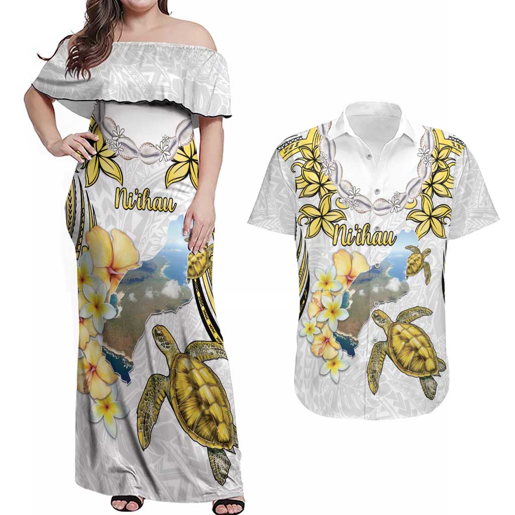 Personalised Aloha Hawaii Niihau Island Couples Matching Off Shoulder Maxi Dress and Hawaiian Shirt Forbidden Isle Map Shell Lei LT14 Yellow - Polynesian Pride