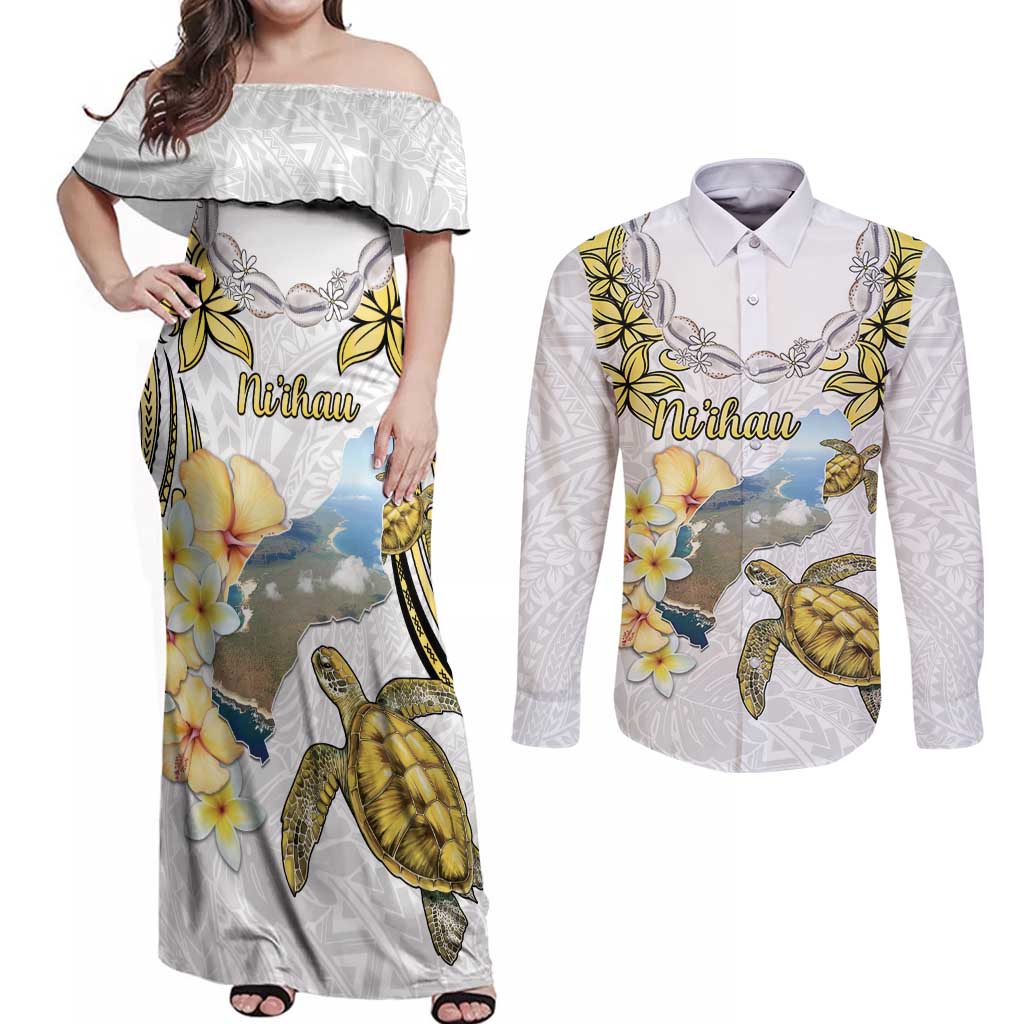 Personalised Aloha Hawaii Niihau Island Couples Matching Off Shoulder Maxi Dress and Long Sleeve Button Shirt Forbidden Isle Map Shell Lei LT14 Yellow - Polynesian Pride