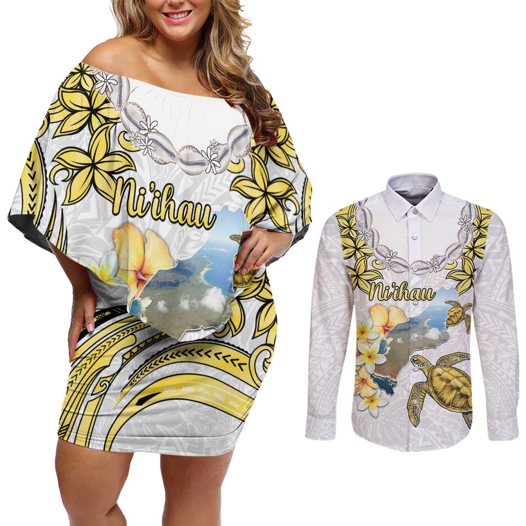 Personalised Aloha Hawaii Niihau Island Couples Matching Off Shoulder Short Dress and Long Sleeve Button Shirt Forbidden Isle Map Shell Lei LT14 Yellow - Polynesian Pride
