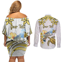 Personalised Aloha Hawaii Niihau Island Couples Matching Off Shoulder Short Dress and Long Sleeve Button Shirt Forbidden Isle Map Shell Lei LT14 - Polynesian Pride