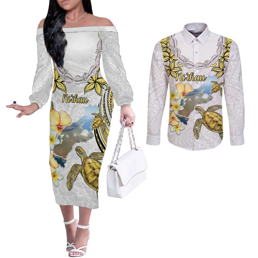 Personalised Aloha Hawaii Niihau Island Couples Matching Off The Shoulder Long Sleeve Dress and Long Sleeve Button Shirt Forbidden Isle Map Shell Lei LT14 Yellow - Polynesian Pride