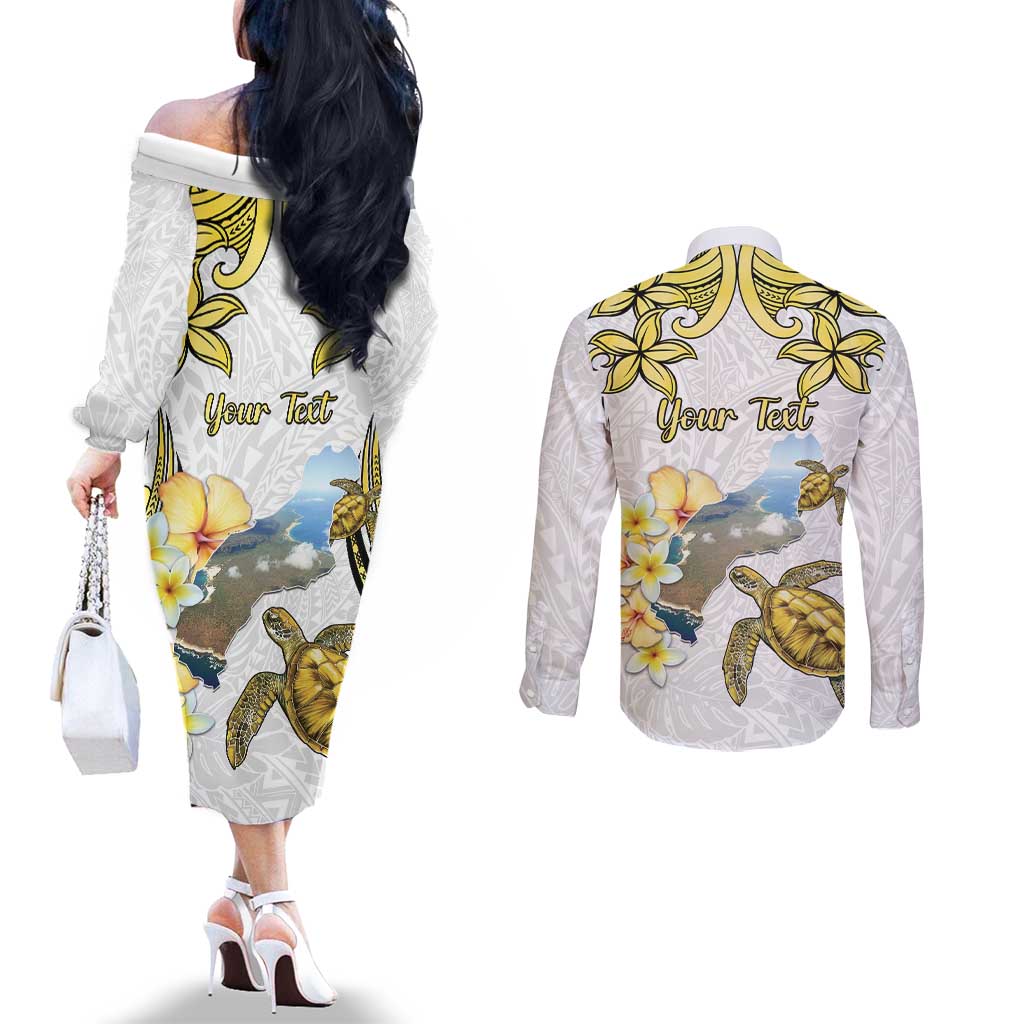 Personalised Aloha Hawaii Niihau Island Couples Matching Off The Shoulder Long Sleeve Dress and Long Sleeve Button Shirt Forbidden Isle Map Shell Lei LT14 - Polynesian Pride