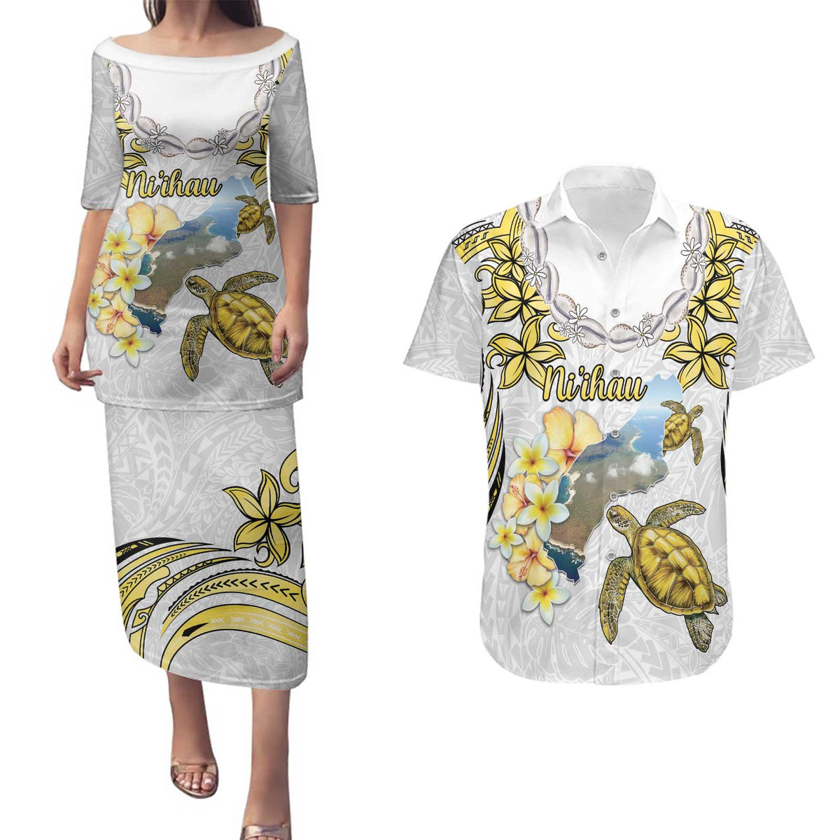 Personalised Aloha Hawaii Niihau Island Couples Matching Puletasi and Hawaiian Shirt Forbidden Isle Map Shell Lei LT14 Yellow - Polynesian Pride