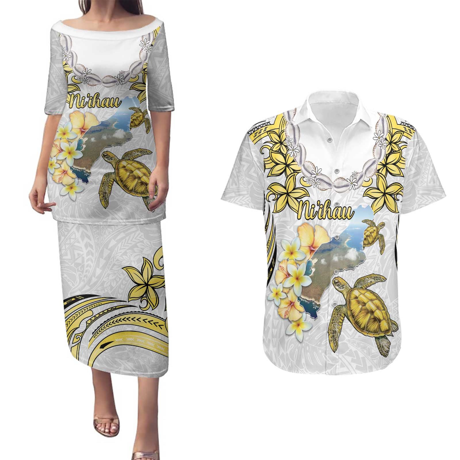 Personalised Aloha Hawaii Niihau Island Couples Matching Puletasi and Hawaiian Shirt Forbidden Isle Map Shell Lei LT14 Yellow - Polynesian Pride