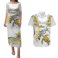 Personalised Aloha Hawaii Niihau Island Couples Matching Puletasi and Hawaiian Shirt Forbidden Isle Map Shell Lei LT14 Yellow - Polynesian Pride