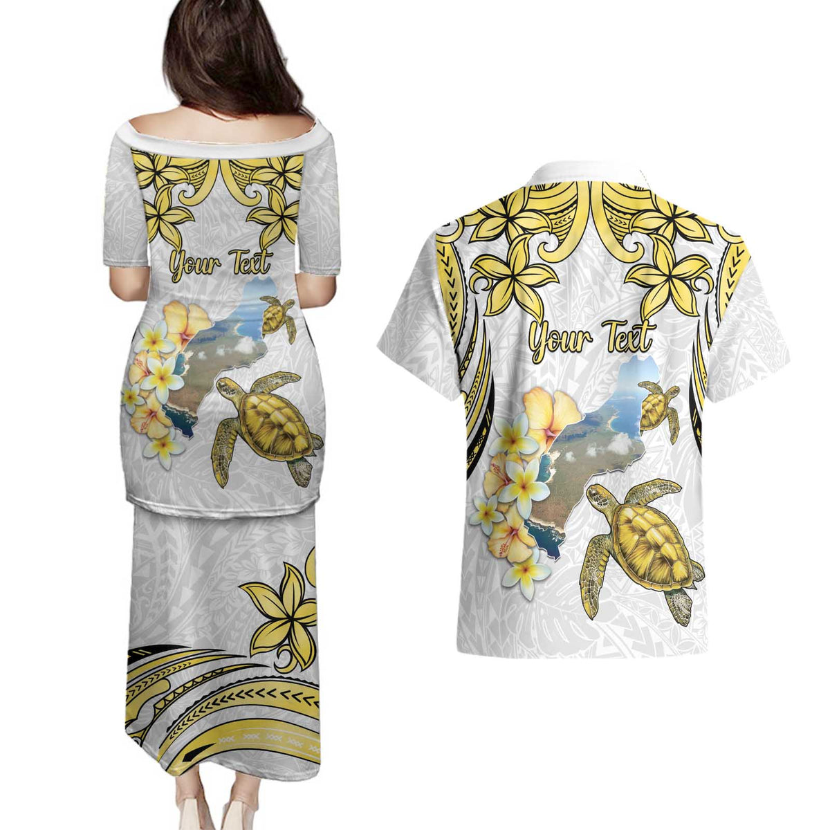 Personalised Aloha Hawaii Niihau Island Couples Matching Puletasi and Hawaiian Shirt Forbidden Isle Map Shell Lei LT14 - Polynesian Pride
