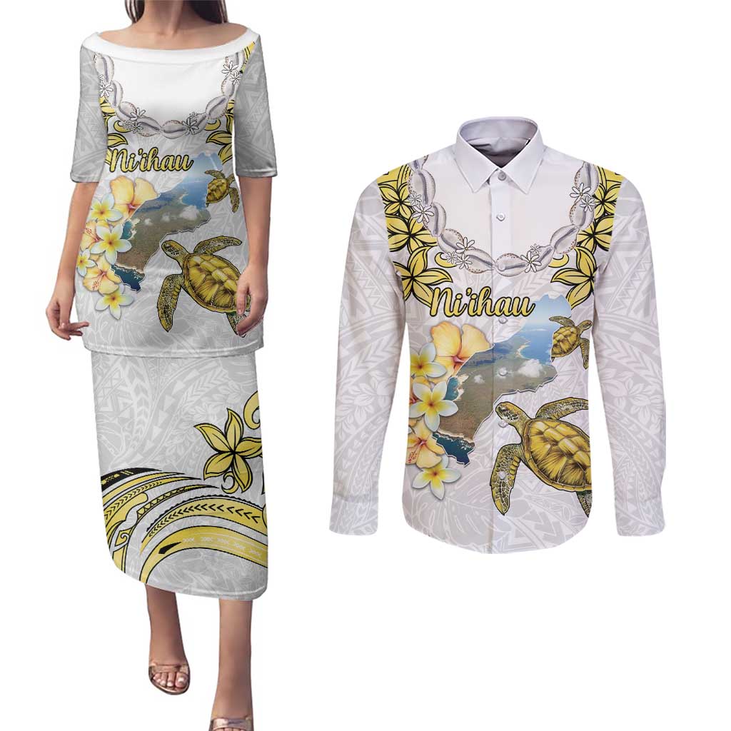 Personalised Aloha Hawaii Niihau Island Couples Matching Puletasi and Long Sleeve Button Shirt Forbidden Isle Map Shell Lei LT14 Yellow - Polynesian Pride