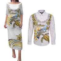 Personalised Aloha Hawaii Niihau Island Couples Matching Puletasi and Long Sleeve Button Shirt Forbidden Isle Map Shell Lei LT14 Yellow - Polynesian Pride