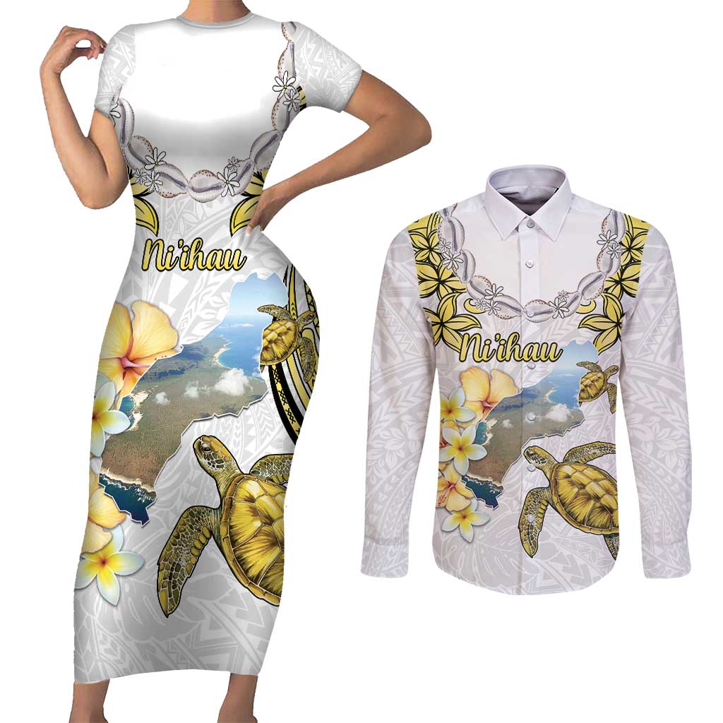Personalised Aloha Hawaii Niihau Island Couples Matching Short Sleeve Bodycon Dress and Long Sleeve Button Shirt Forbidden Isle Map Shell Lei LT14 Yellow - Polynesian Pride