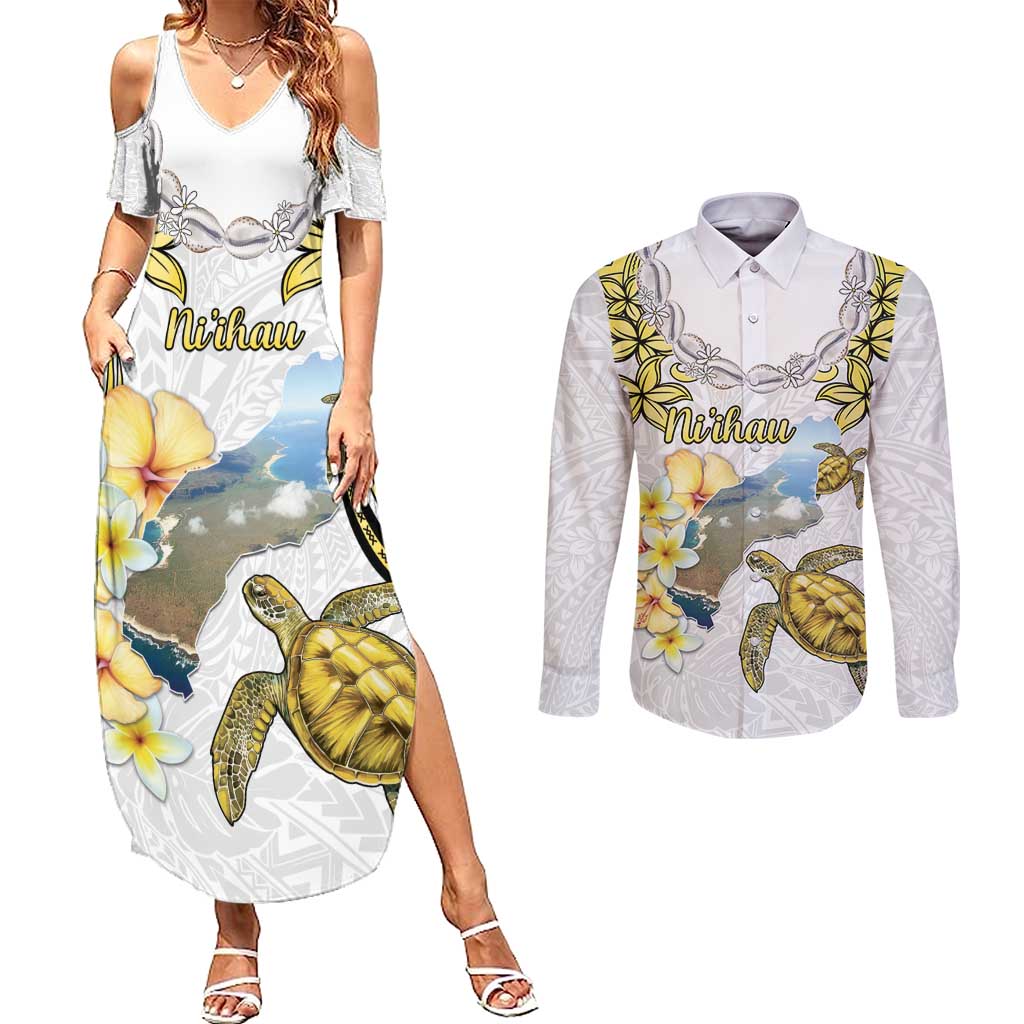Personalised Aloha Hawaii Niihau Island Couples Matching Summer Maxi Dress and Long Sleeve Button Shirt Forbidden Isle Map Shell Lei LT14 Yellow - Polynesian Pride