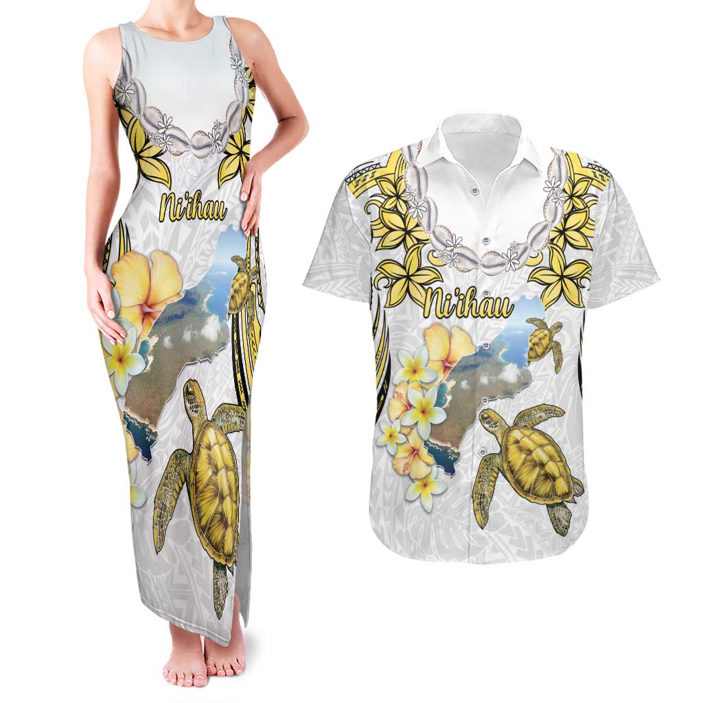 Personalised Aloha Hawaii Niihau Island Couples Matching Tank Maxi Dress and Hawaiian Shirt Forbidden Isle Map Shell Lei LT14 Yellow - Polynesian Pride