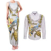 Personalised Aloha Hawaii Niihau Island Couples Matching Tank Maxi Dress and Long Sleeve Button Shirt Forbidden Isle Map Shell Lei LT14 Yellow - Polynesian Pride