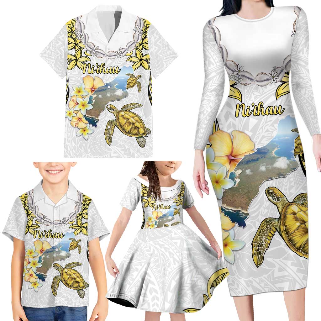 Personalised Aloha Hawaii Niihau Island Family Matching Long Sleeve Bodycon Dress and Hawaiian Shirt Forbidden Isle Map Shell Lei