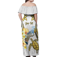 Personalised Aloha Hawaii Niihau Island Family Matching Off Shoulder Maxi Dress and Hawaiian Shirt Forbidden Isle Map Shell Lei