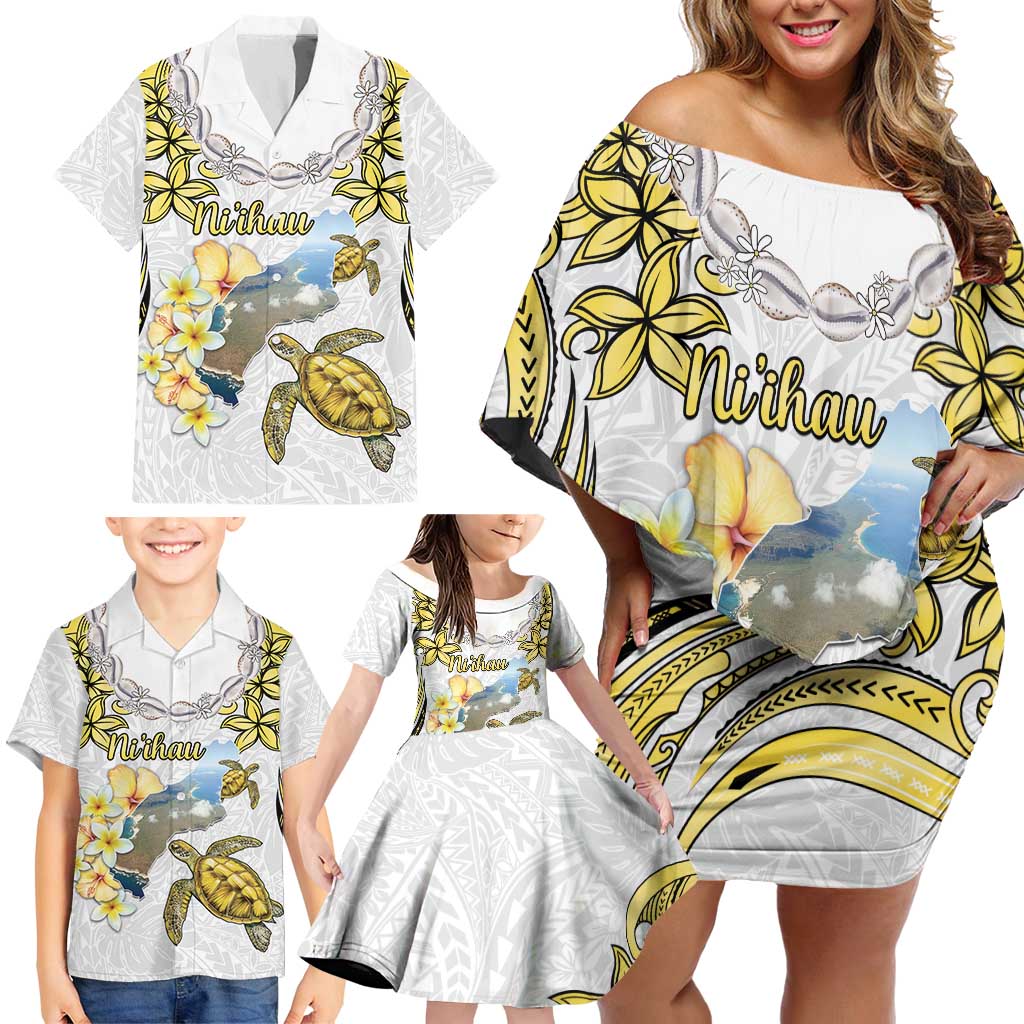 Personalised Aloha Hawaii Niihau Island Family Matching Off Shoulder Short Dress and Hawaiian Shirt Forbidden Isle Map Shell Lei