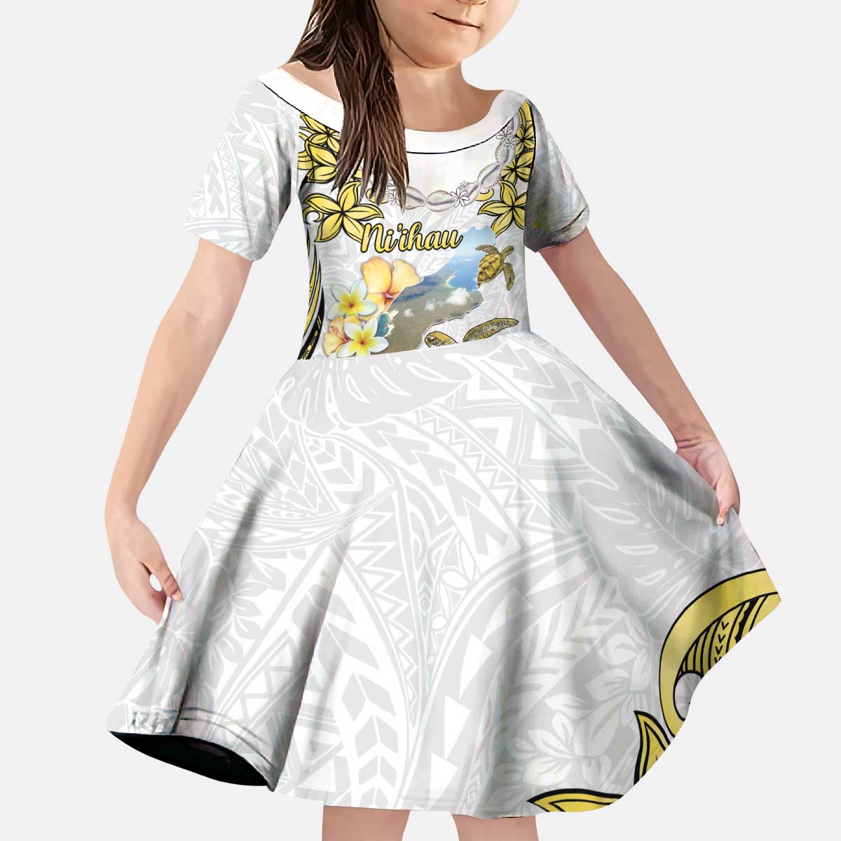Personalised Aloha Hawaii Niihau Island Kid Short Sleeve Dress Forbidden Isle Map Shell Lei LT14 KID Yellow - Polynesian Pride