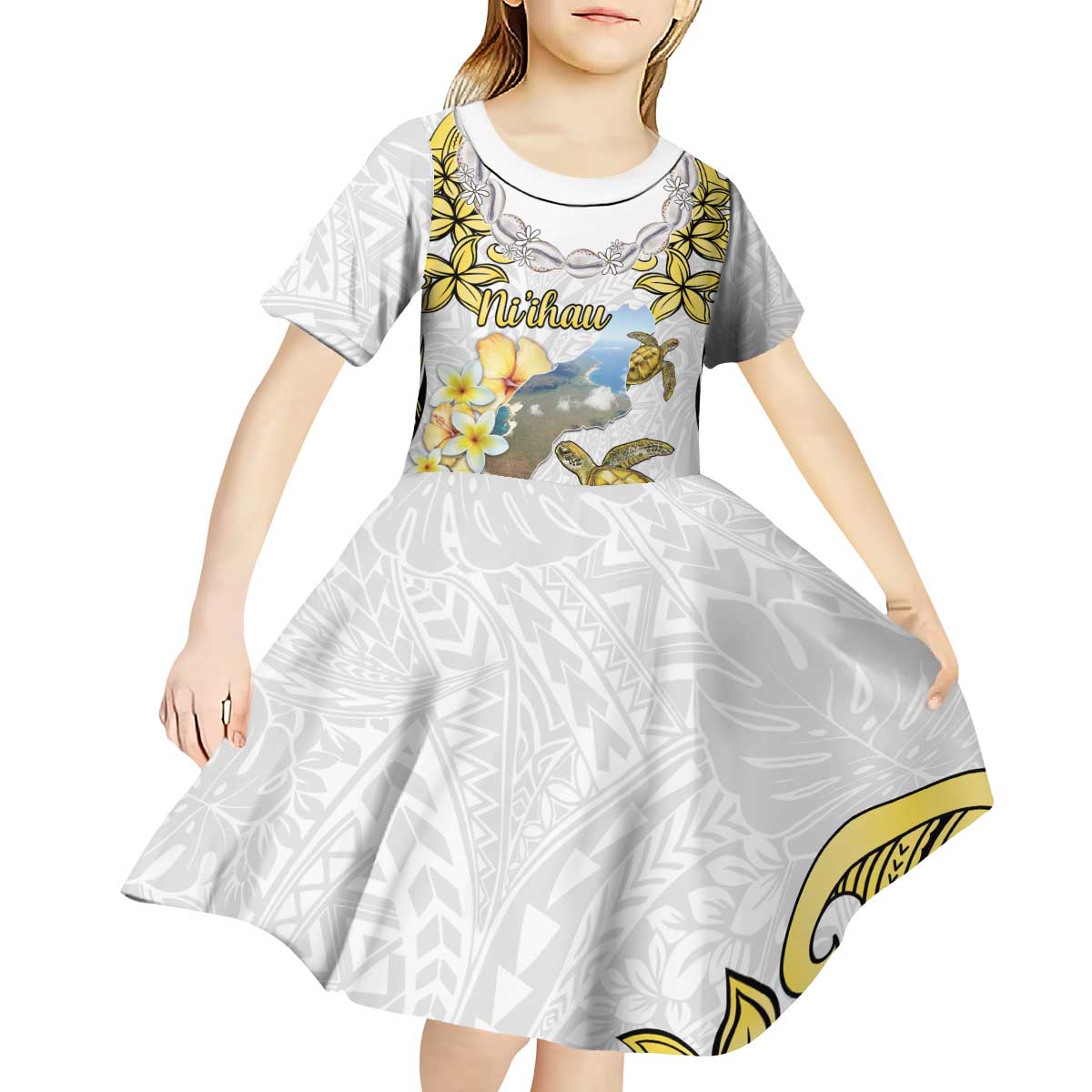 Personalised Aloha Hawaii Niihau Island Kid Short Sleeve Dress Forbidden Isle Map Shell Lei LT14 - Polynesian Pride