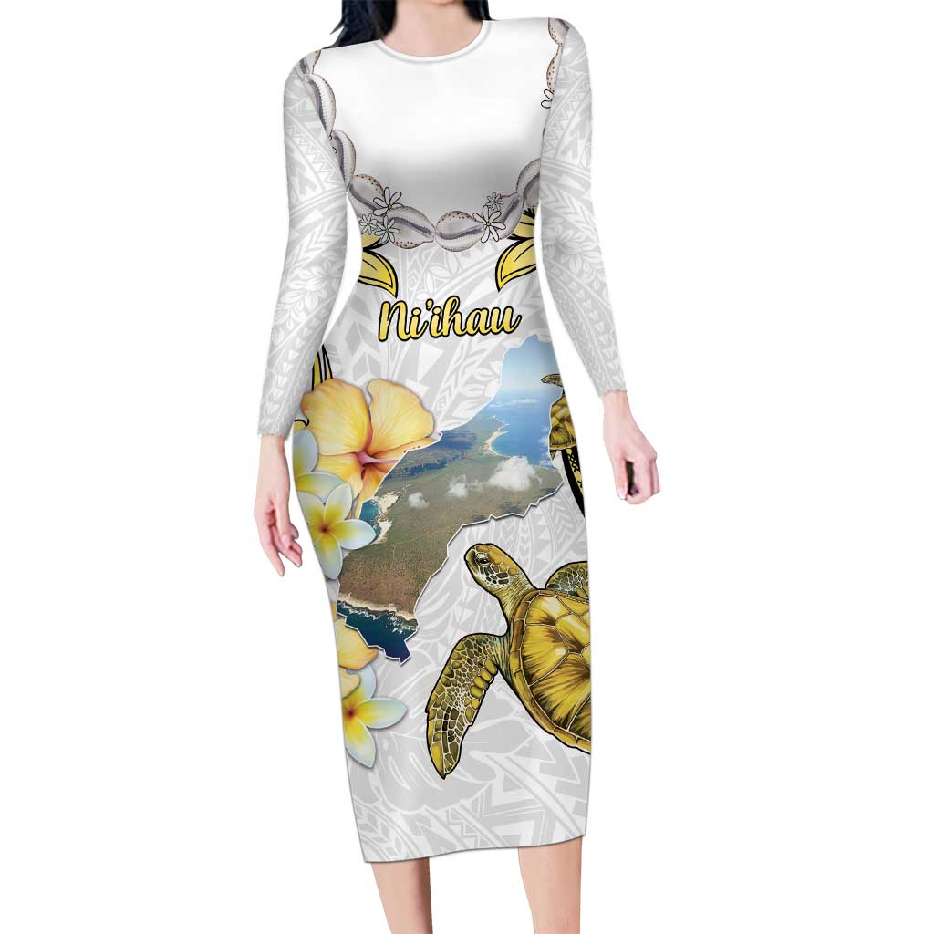 Personalised Aloha Hawaii Niihau Island Long Sleeve Bodycon Dress Forbidden Isle Map Shell Lei