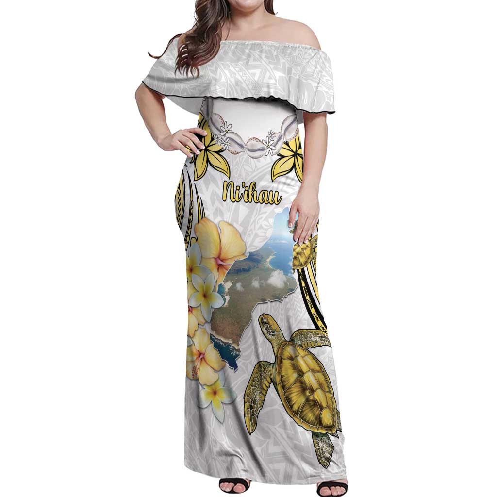 Personalised Aloha Hawaii Niihau Island Off Shoulder Maxi Dress Forbidden Isle Map Shell Lei LT14 Women Yellow - Polynesian Pride