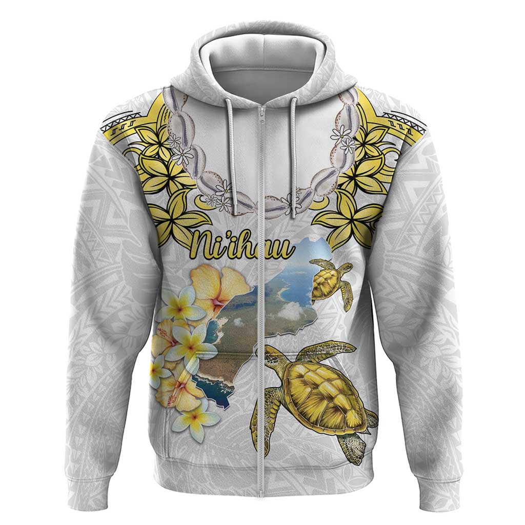 Personalised Aloha Hawaii Niihau Island Zip Hoodie Forbidden Isle Map Shell Lei