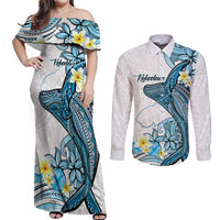 Personalised Aloha Hawaii Kahoolawe Island Couples Matching Off Shoulder Maxi Dress and Long Sleeve Button Shirt Target Isle Map With Humpback Whale LT14 Blue - Polynesian Pride